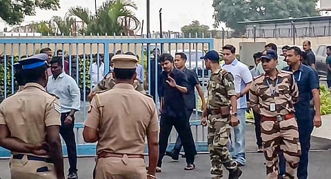 TVK chief and actor Vijay before departing from Chennai, Monday, Jan. 12, 2026. Vijay appeared before the Central Bureau of Investigation (CBI) in New Delhi for questioning in connection with the Karur stampede case