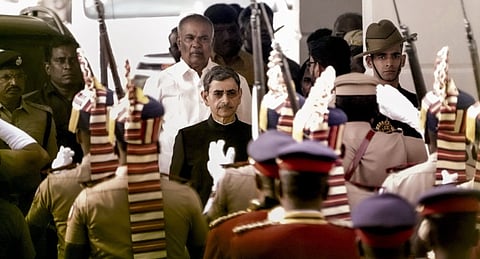 Governor R N Ravi reaches the Assembly accompanied by Speaker on Tuesday.