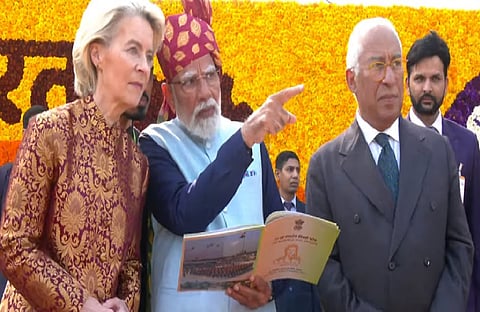 Antonio Costa and Ursula von der Leyen, the two top leaders of the 27-nation European Union, on Monday watched India's 77th Republic Day celebrations at the majestic Kartavya Path,