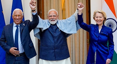 Prime Minister Narendra Modi with European Council President Antonio Costa, left, and European Commission President Ursula von der Leyen, right, during their meeting at the Hyderabad House, in New Delhi, Tuesday, Jan. 27, 2026.