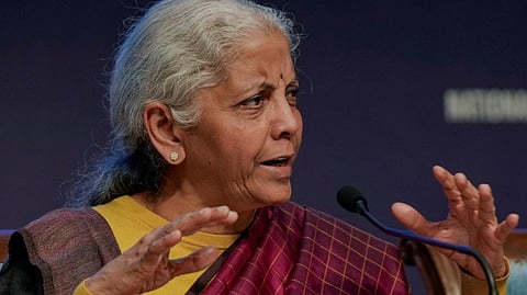 Union Finance Minister Nirmala Sitharaman addresses a press conference after the presentation of the 'Union Budget 2026-27', in New Delhi, Sunday, Feb. 1, 2026.
