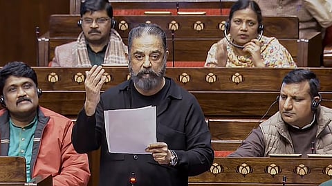 Makkal Needhi Maiam (MNM) MP Kamal Haasan speaks in the Rajya Sabha during the Budget session of Parliament, in New Delhi, Wednesday, Feb. 4, 2026.