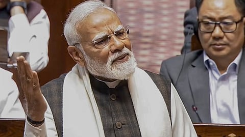 Prime Minister Narendra Modi replies to the Motion of Thanks to the President's address in the Rajya Sabha during the Budget session of Parliament, in New Delhi, Thursday, Feb. 5, 2026.
