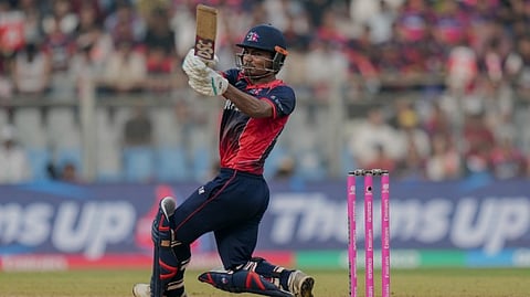 Nepal's Lokesh Bam plays a shot during an ICC Men's T20 World Cup 2026 cricket match between England and Nepal at the Wankhede Stadium, in Mumbai, Sunday, Feb. 8, 2026.