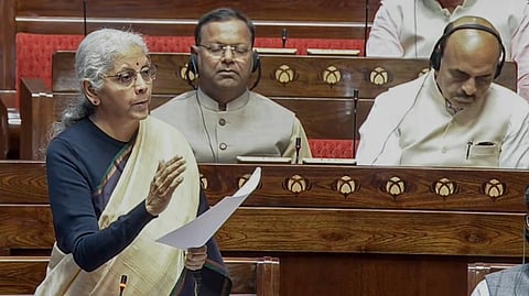 Union Finance Minister Nirmala Sitharaman speaks in the Rajya Sabha during the Budget session of Parliament, in New Delhi, Thursday, Feb. 12, 2026.