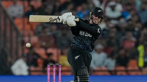 New Zealand's Mark Chapman plays a shot during an ICC Men's T20 World Cup 2026 cricket match between New Zealand and South Africa, at Narendra Modi Stadium, in Ahmedabad, Saturday, Feb. 14, 2026.