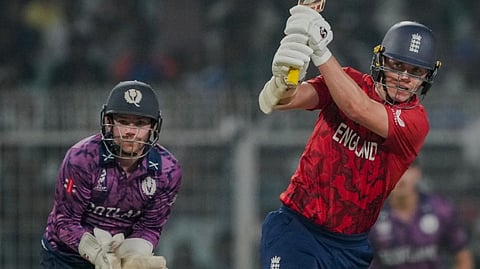 England's Sam Curran plays a shot during the ICC Men's T20 World Cup 2026 cricket match between England and Scotland at the Eden Gardens, in Kolkata, Saturday, Feb. 14, 2026.
