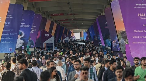 Visitors during the India AI Impact Summit 2026, at Bharat Mandapam, in New Delhi, Tuesday, Feb. 17, 2026.