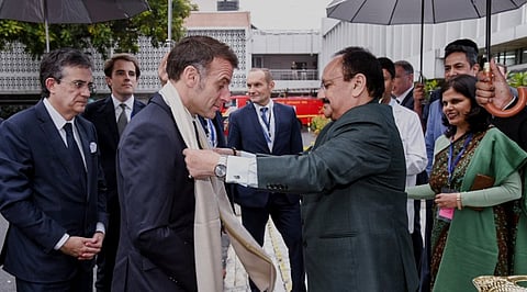On February 18, 2026, Union Health Minister JP Nadda welcomes French President Emmanuel Macron at AIIMS in New Delhi to launch the Indo-French Centre for AI in Health.