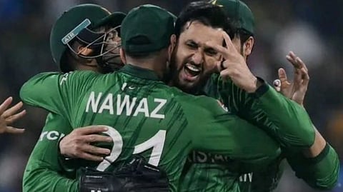 Pakistani players celebrate their victory in the T20 World Cup match against Namibia.