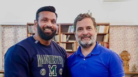 on Feb. 23, 2026, Leader of the Opposition Rahul Gandhi, right, meets Kotdwar gym owner Deepak Kumar alias Mohammad Deepak, in New Delhi.