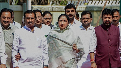 Maharashtra Deputy Chief Minister Sunetra Pawar, centre, with others during the Budget session of Legislative Assembly, at Vidhan Bhavan in Mumbai, Tuesday, Feb. 24, 2026.