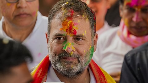 Congress leader Rahul Gandhi participating in a Holi event.