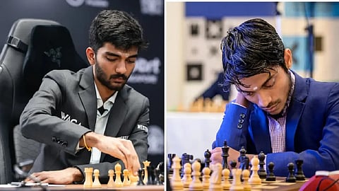 Aravindh Chithambaram (R) beats world champion Gukesh (L)