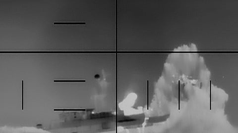 In this screengrab from a video posted on March 4, 2026, shows an explosion on an Iranian warship after it was struck by a US submarine torpedo in the Indian Ocean.