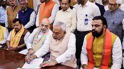 Bihar Chief Minister Nitish Kumar filing nomination for contesting the Rajya Sabha polls, bringing the curtain down on his tenure as the longest-serving CM of the state.