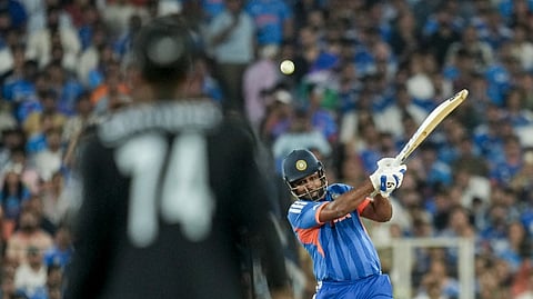 India's Sanju Samson plays a shot during the ICC Men's T20 World Cup 2026 final cricket match between India and New Zealand, at Narendra Modi Stadium, in Ahmedabad, Gujarat, Sunday, March 8, 2026.