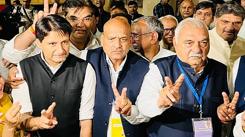 In this image posted on March 17, 2026, former Haryana chief minister Bhupinder Singh Hooda with Karamvir Singh Boudh, who was elected as Rajya Sabha MP from Haryana.