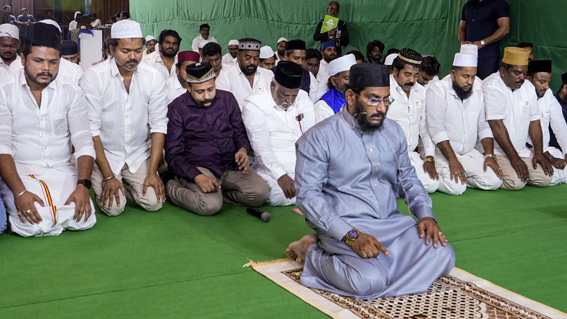TVK chief and actor Vijay participates in the party's Iftar gathering at Mamallapuram, Chengalpattu district of Tamil Nadu, Wednesday, March 18, 2026.
