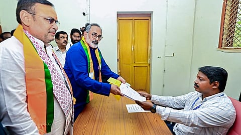 Rajasthan Chief Minister Bhajanlal Sharma with BJP Kerala President and candidate from Nemom Assembly constituency, Rajeev Chandrasekhar, as the latter files his nomination for state Assembly elections.