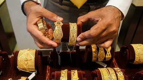 Gold jewellery on display.