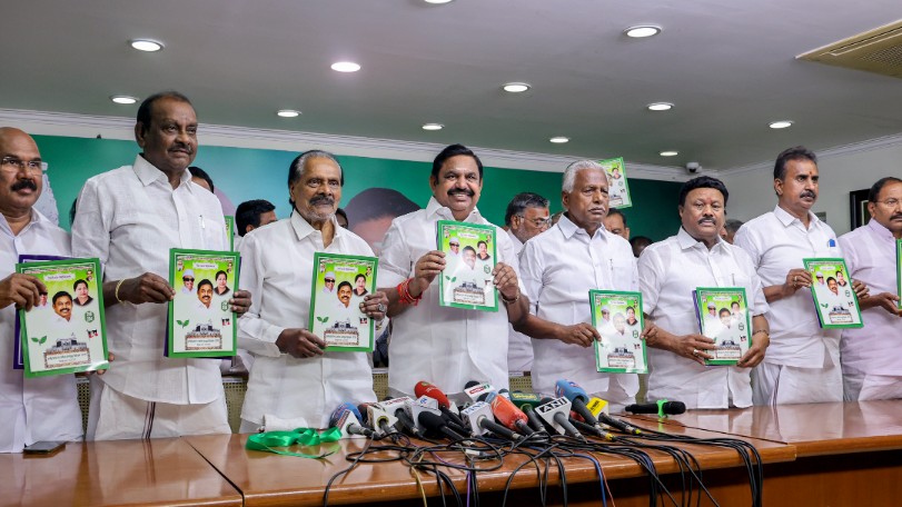 AIADMK chief and Leader of Opposition in Tamil Nadu Assembly Edappadi K Palaniswami, centre, with others releases the party's manifesto ahead of the state Assembly elections, at party headquarters, in Chennai, Tuesday, March 24, 2026.