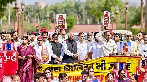 Oppn MPs protest in Parliament House complex over 'LPG supply crunch'