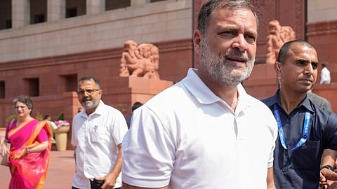 Rahul Gandhi spotted on Parliament grounds wearing his signature T-shirt.