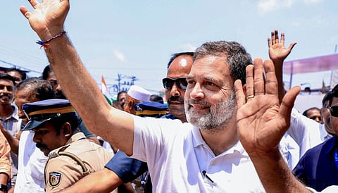 Lok Sabha LoP and Congress MP Rahul Gandhi greets the gathering during a public rally ahead of the Kerala Assembly Election, in Pathanamthitta district, Kerala.