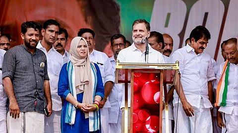 Leader of Opposition in the Lok Sabha Rahul Gandhi addresses a public meeting ahead of the Kerala assembly elections, in Perambra, Kerala. Congress leaders Shafi Parambil, KC Venugopal and others are also seen.