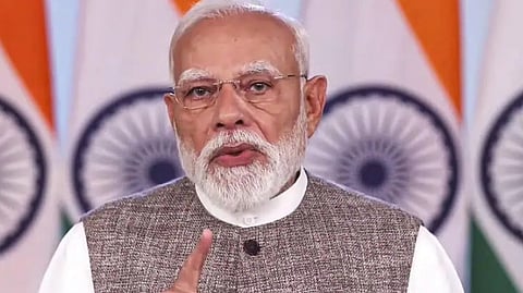 Prime Minister Narendra Modi delivering a national address following the parliamentary defeat of the women’s reservation bill.
