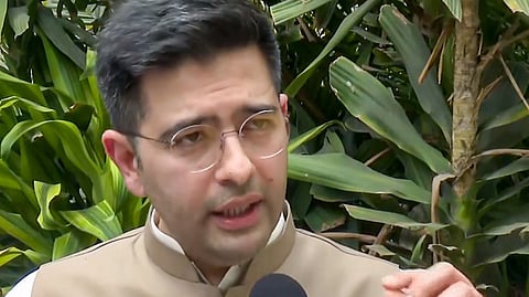 Rajya Sabha MP Raghav Chaddha addresses the media, in New Delhi, Saturday, April 25, 2026.