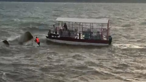 A cruise boat carrying 35 to 40 passengers overturns in the Bargi river, in Jabalpur district, Madhya Pradesh, Thursday, April 30, 2026.