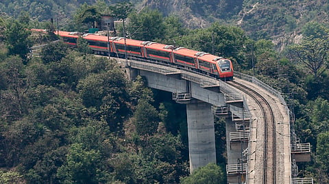 Vande Bharat Express en route to Srinagar from Jammu as it commences regular service for the general public, at Bajalta, in Jammu, Saturday, May 2, 2026.