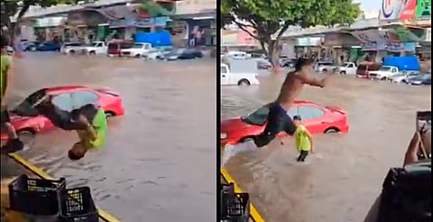 Aprovechan inundaciones y se lanzan clavados en Mercado de Abastos de Guadalajara [VIDEO]
