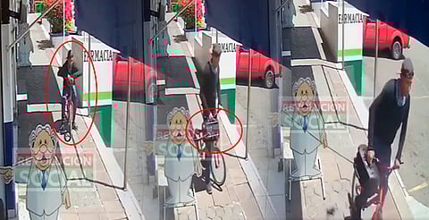Hombre en bicicleta roba bocina de farmacia a plena luz del día en Morelia [VIDEO]