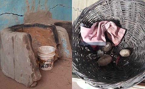 With no money to even feed the family, a farmer deep in debt committed suicide. Images show a chula [cooking hearth] and empty vegetable basket in the home of the deceased [Photo - Satya Prakash Bharti, The Mooknayak]