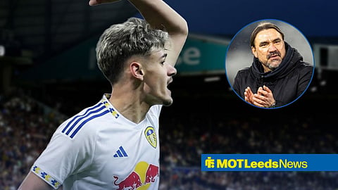 Kerim Alajbegovic in a Leeds United shirt, Daniel Farke in inset.