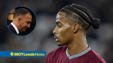 Crysencio Summerville of West Ham looking in the direction of Leeds United owner, Paraag Marathe.