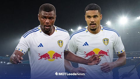 Ousmande Diomande and Danilhp Doekhi in Leeds United shirts outside of Elland Road.