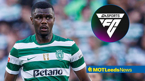 Ousmane Diomande seen during Liga Portugal game between teams of Sporting CP and SL Benfica at Estadio with EA Sports FC logo in circular inset.