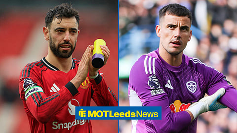 Bruno Fernandes in action for Manchester United and Karl Darlow in action for Leeds United