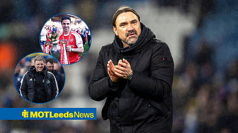 Daniel Farke applauds, alongside circular insets of Eddie Howe and Mikel Arteta.