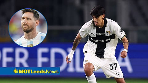 Lionel Messi lining up for Argentina in inset, with Mariano Troilo moving forward with Parma
