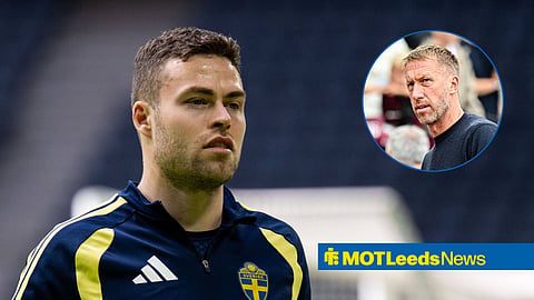 Gabriel Gudmundsson warms up for Sweden, with Graham Potter in a circular frame inset
