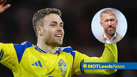 Gabriel Gudmundsson playing for Sweden and Graham Potter in a circular frame inset