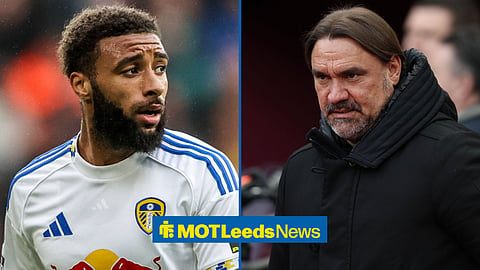 Jayden Bogle of Leeds United during the Premier League vs Wolverhampton Wanderers next to Leeds manager Daniel Farke