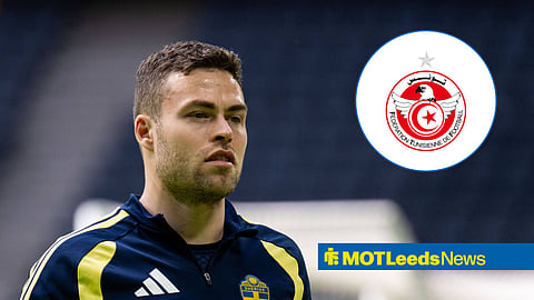 Leeds United star Gabriel Gudmundsson with Sweden, Tunisia badge in inset.