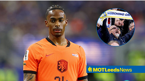 Crysencio Summerville in action for Netherlands, Leeds supporters in inset.