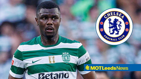 Ousmane Diomande playing for Sporting alongside a circle inset of the Chelsea badge